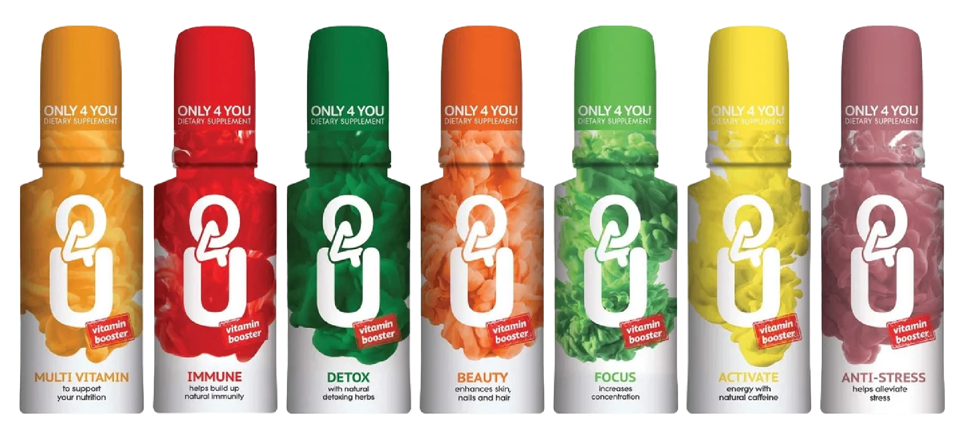 O4U lineup of seven colorful vitamin shots